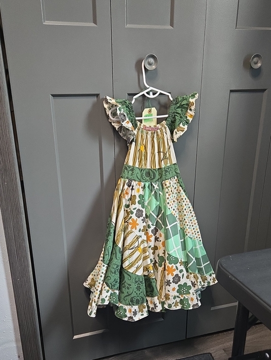 Jelly The Pug Other - Jelly The Pug Green and White Patchwork Floral Tiered Dress
